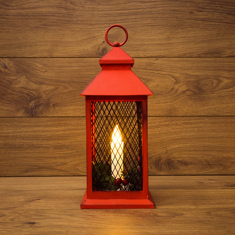 Декоративный фонарь со свечкой, красный корпус, размер 13.5х13.5х30,5 см, цвет ТЕПЛЫЙ БЕЛЫЙ NEON-NIGHT 513-041 фото