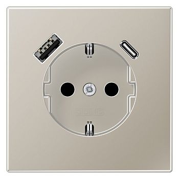 ES1520-15CA-L Розетка SCHUKO® с USB-зарядным устройством, тип A + тип С. термопласт. нержавеющая сталь Jung LS серия фото